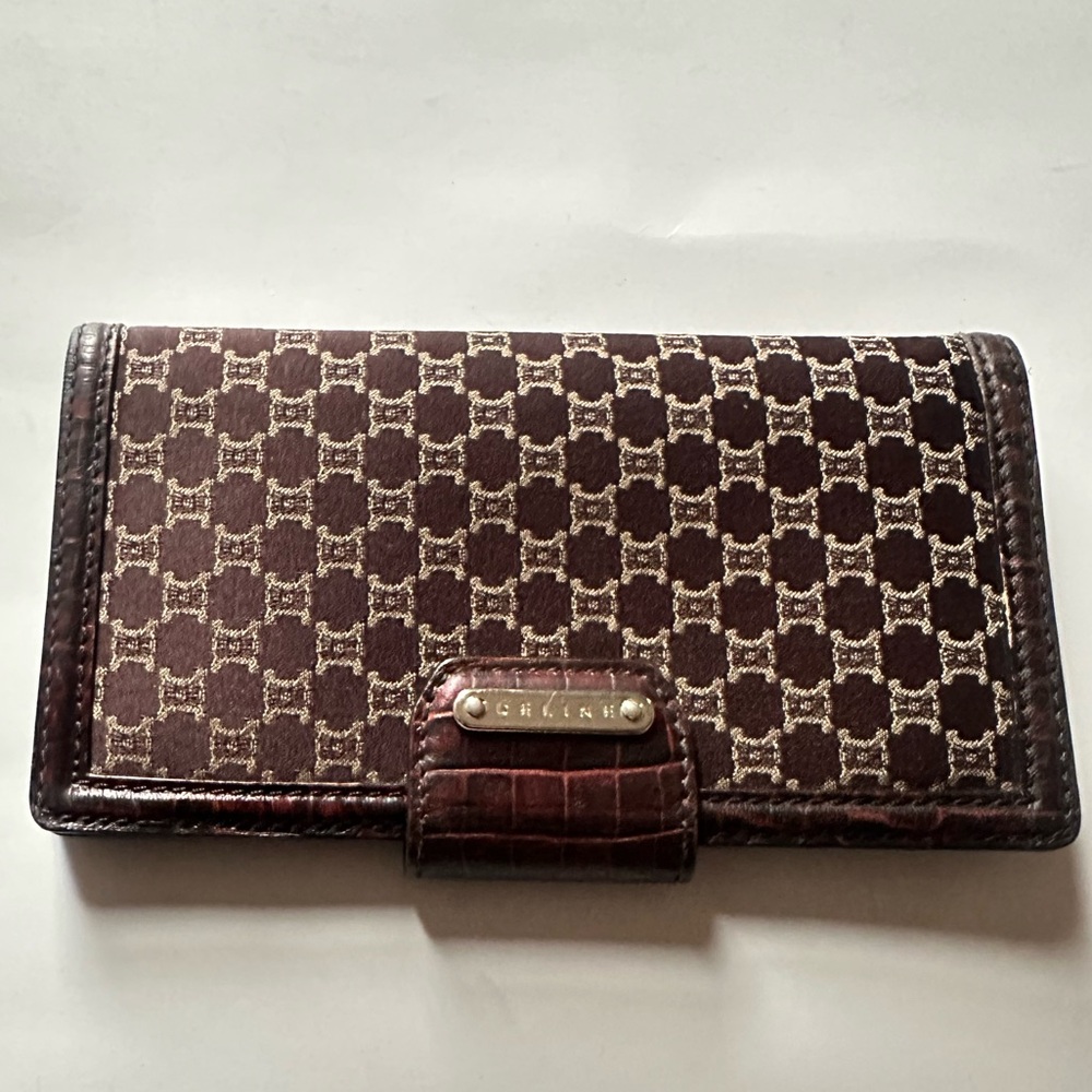 CELINE Vintage Brown Monogram 1990-2000 Macadam-pattern Wallet with Croc Trim - Picture 7 of 14